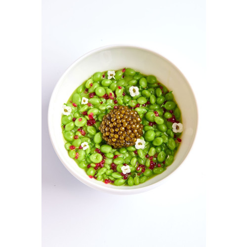 Chinese peas from Yunnan and caviar geranium rosat leaves and Gyokuro