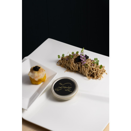 Caviar Trio 1. Signature Sologne Caviar with Lobster Jelly and Alaskan Crab 2. Steamed Pork and Shrimp Dumpling with Conpoy and Caviar 3. Cold Angel Hair Pasta with Black Caviar, Truffle and Salted Kombu