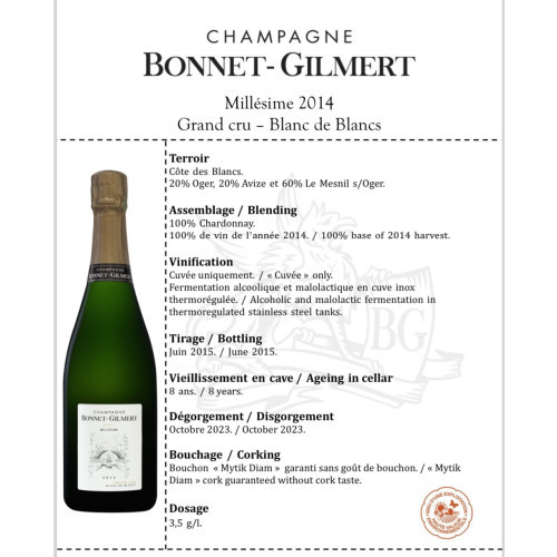 Champagne Bonnet Gilmert Millesime 2014 Grand Cru Blanc de Blancs