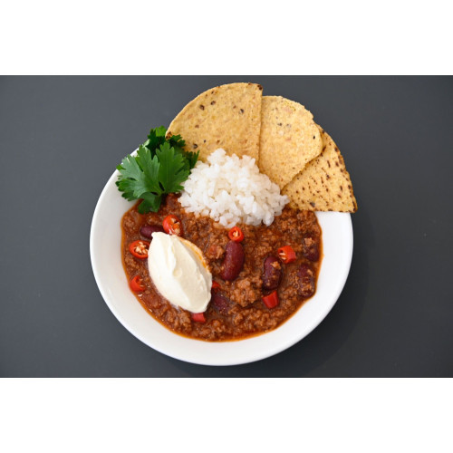 Wagyu chili con carne, steam rice, sour cream