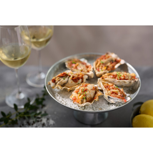 Baked Hiroshima oysters with spicy tomato sauce and bacon